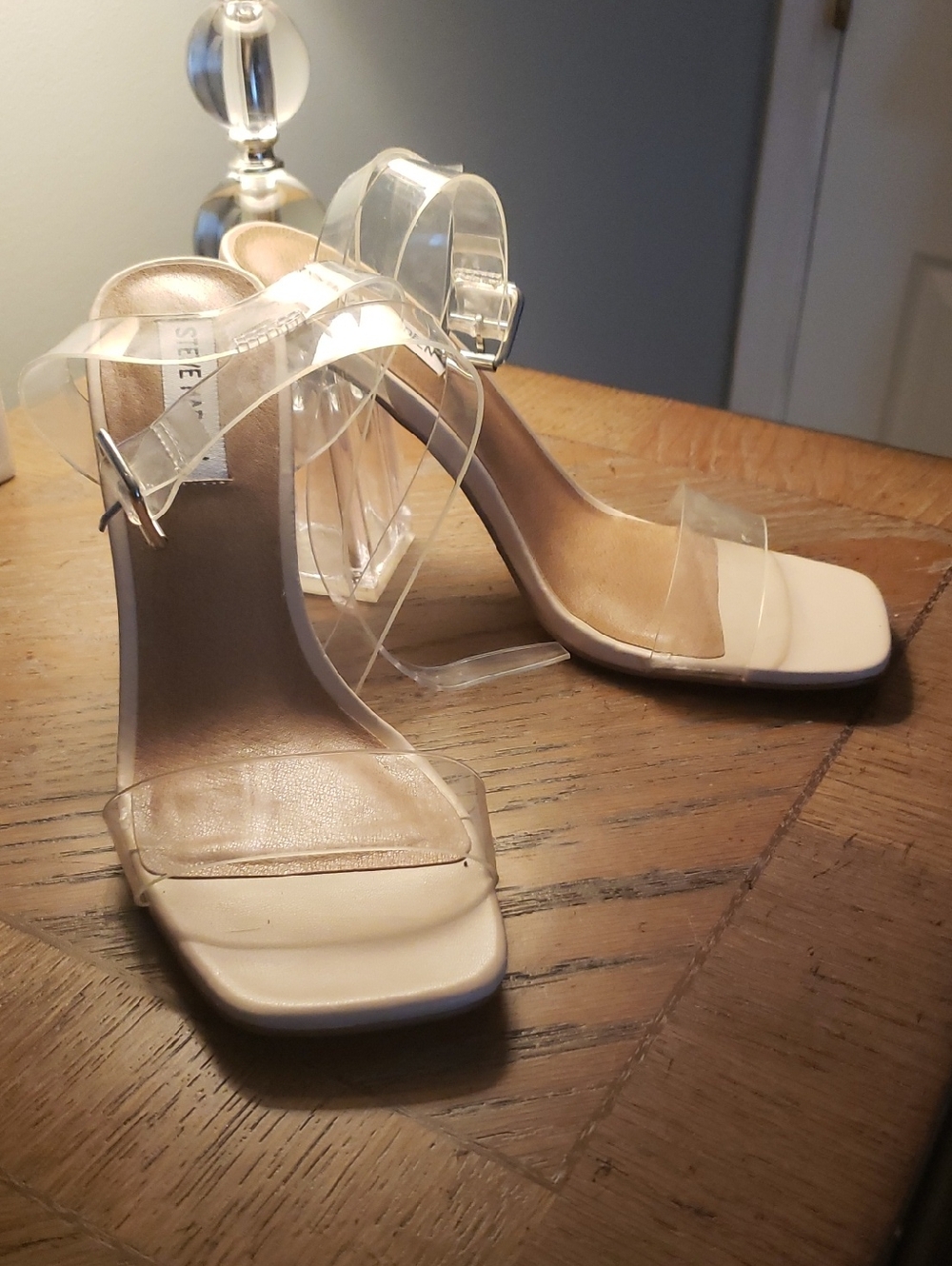 Steve Madden Clear Strap Beige Block Heel Sandals